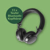 Kopfhörer schweben auf grünem Hintergrund, Text „11 x Teufel Bluetooth-Kopfhörer“ daneben.