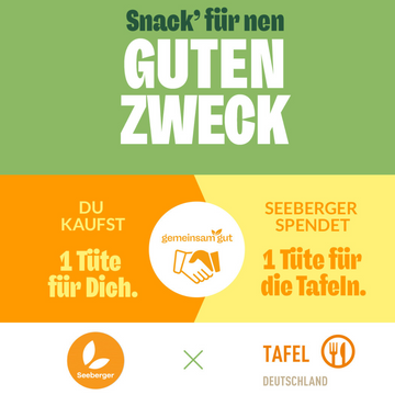 Die Grafik bewirbt einen guten Zweck: Gemeinsam Gut-Initiative von Seeberger und Tafel Deutschland.